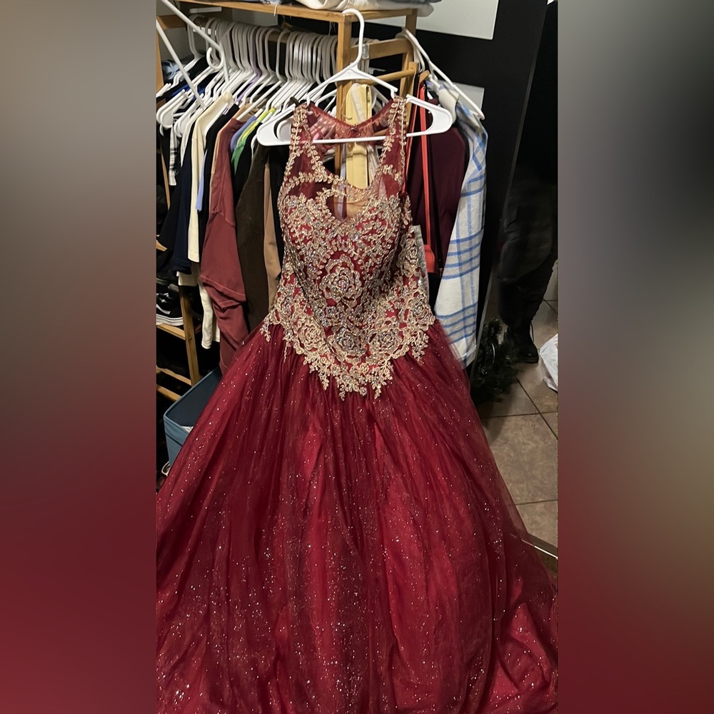 ballgown dress maroon with gold accents size XL